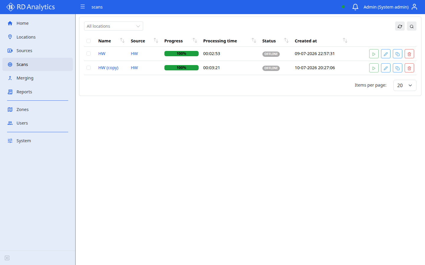 Scans list with status badges