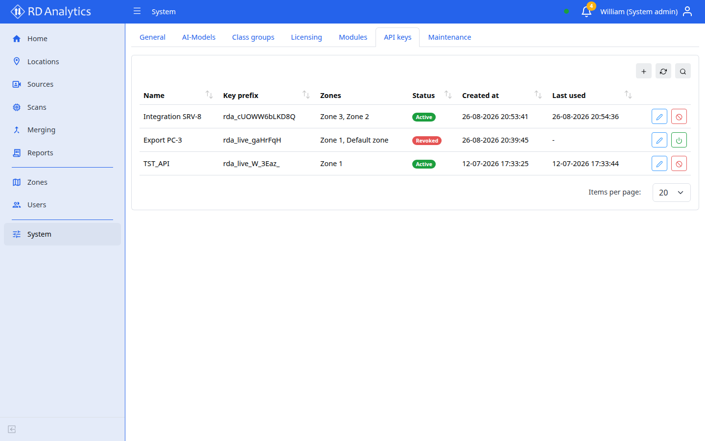 API keys tab — create and manage keys