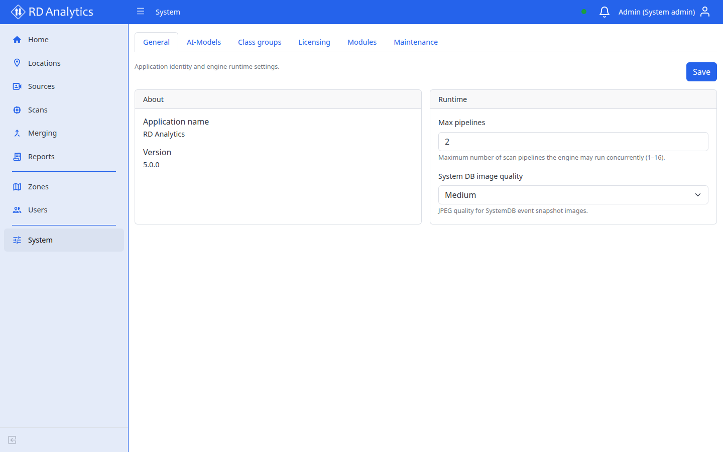 System settings — General tab